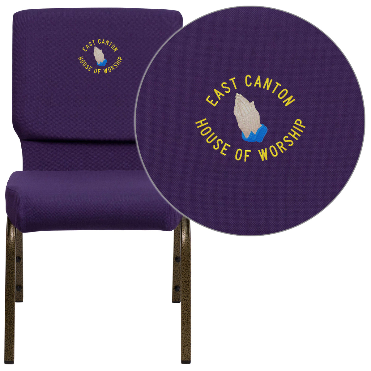 Royal Purple Fabric/Gold Vein Frame |#| EMB 18.5inchW Stacking Church Chair in Royal Purple Fabric - Gold Vein Frame