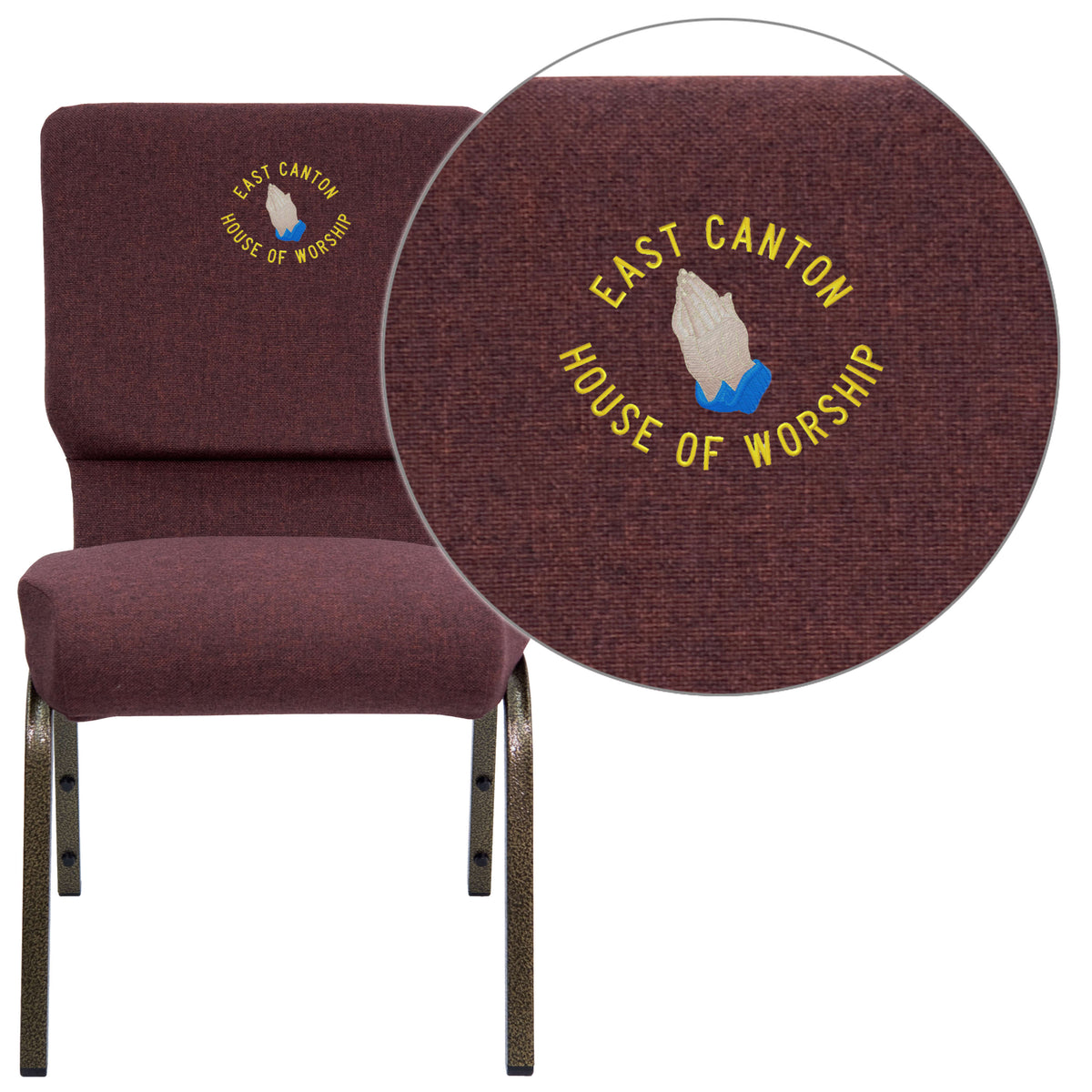 Plum Fabric/Gold Vein Frame |#| Embroidered 18.5inchW Stacking Church Chair in Plum Fabric - Gold Vein Frame