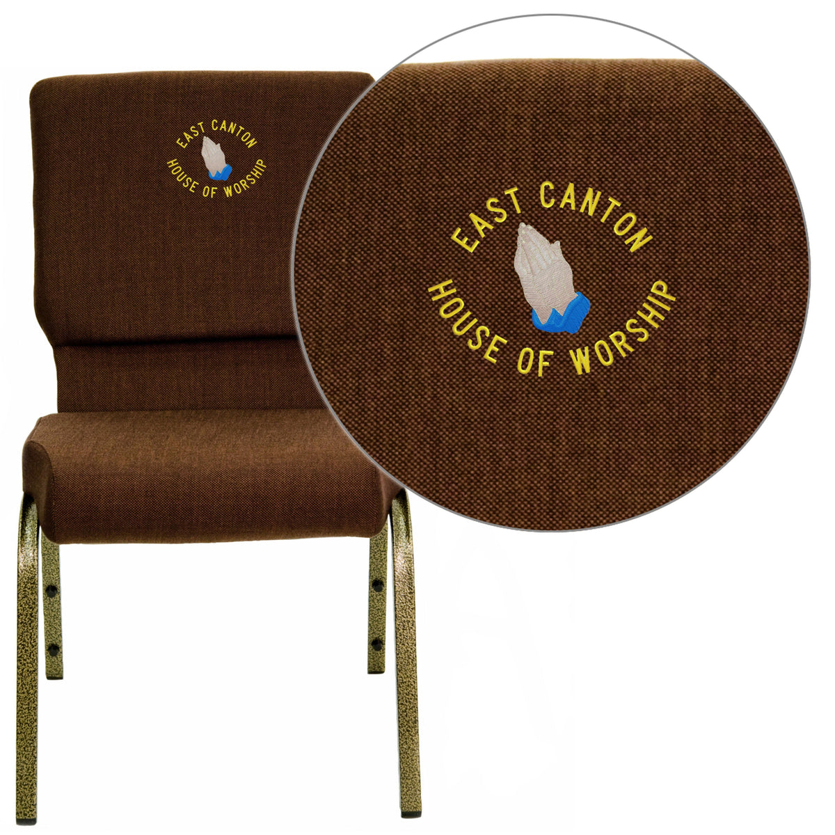 Brown Fabric/Gold Vein Frame |#| Embroidered 18.5inchW Stacking Church Chair in Brown Fabric - Gold Vein Frame