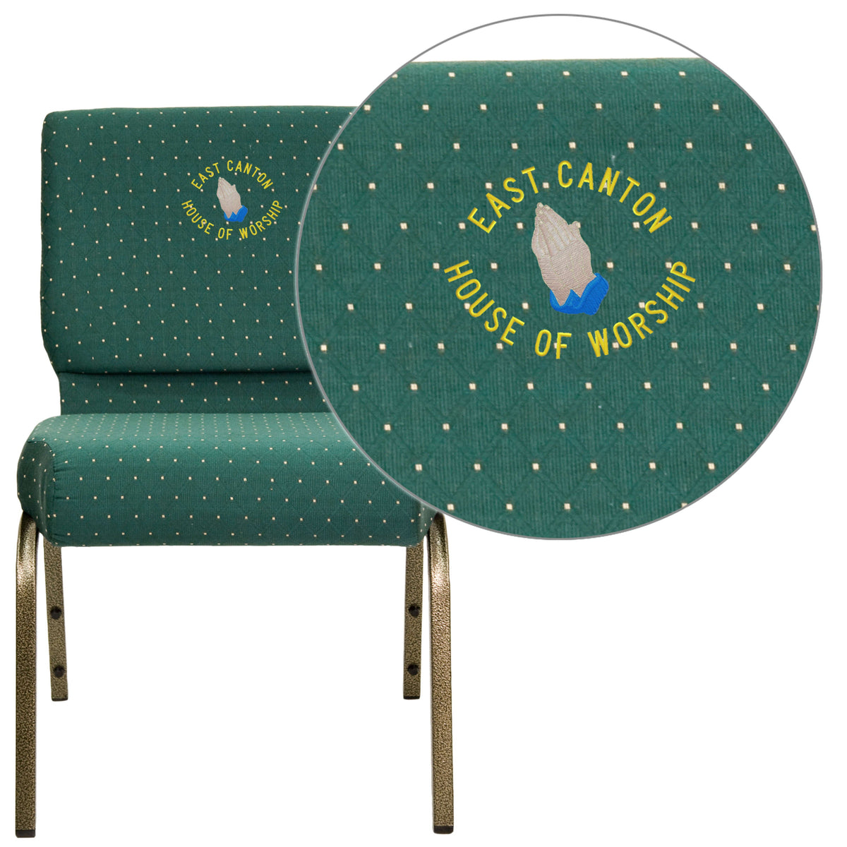 Hunter Green Dot Patterned Fabric/Gold Vein Frame |#| EMB 21inchW Stacking Church Chair in Hunter Green Dot Patterned Fabric-Gold Frame