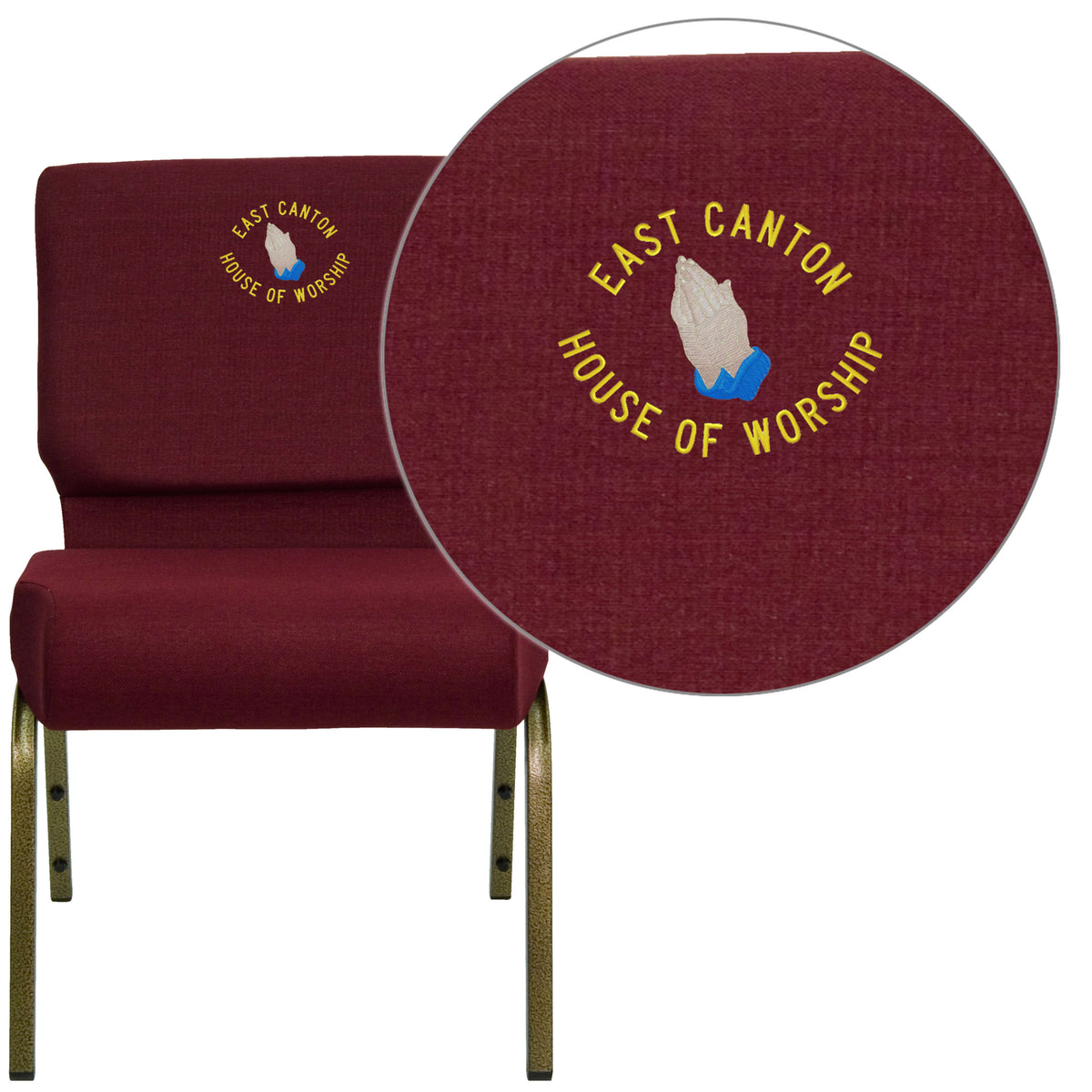 Burgundy Fabric/Gold Vein Frame |#| Embroidered 21inchW Stacking Church Chair in Burgundy Fabric - Gold Vein Frame