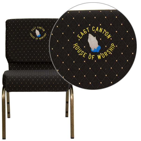 Black Dot Patterned Fabric/Gold Vein Frame |#| EMB 21inchW Stacking Church Chair in Black Dot Patterned Fabric - Gold Vein Frame