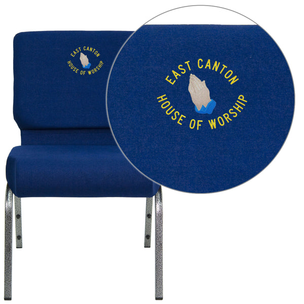 Navy Blue Fabric/Silver Vein Frame |#| Embroidered 21inchW Stacking Church Chair in Navy Blue Fabric - Silver Vein Frame
