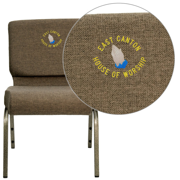 Brown Fabric/Gold Vein Frame |#| Embroidered 21inchW Stacking Church Chair in Brown Fabric - Gold Vein Frame