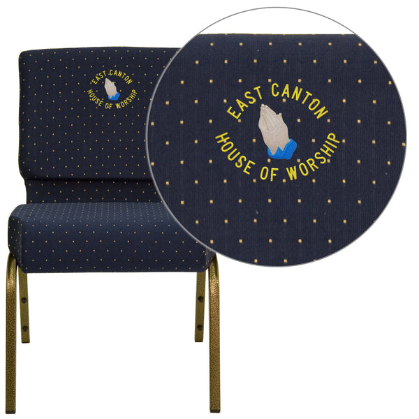 Navy Blue Dot Patterned Fabric/Gold Vein Frame |#| EMB 21inchW Stacking Church Chair in Navy Blue Dot Patterned Fabric - Gold Frame