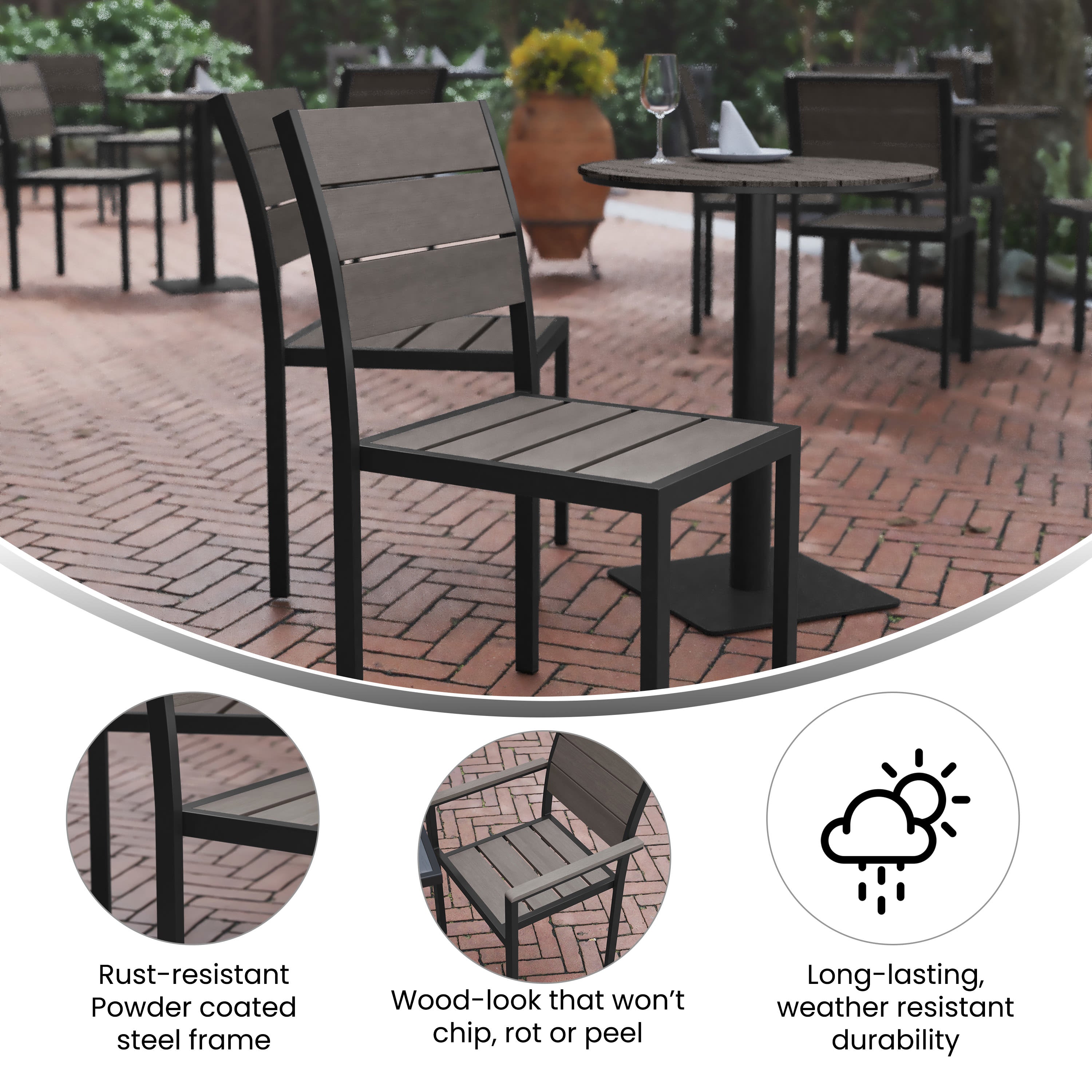 Finch Commercial Grade Armless Patio Chair Stackable Side Chair with Faux Teak Poly Slats and Metal Frame