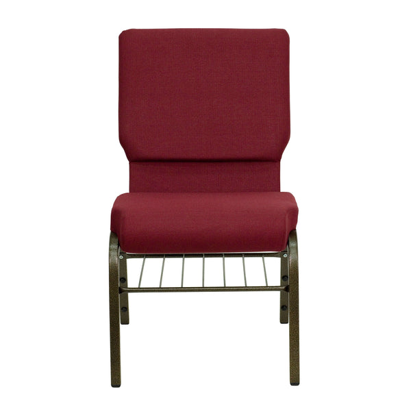 Burgundy Fabric/Gold Vein Frame |#| 18.5inchW Church Chair in Burgundy Fabric with Book Rack - Gold Vein Frame