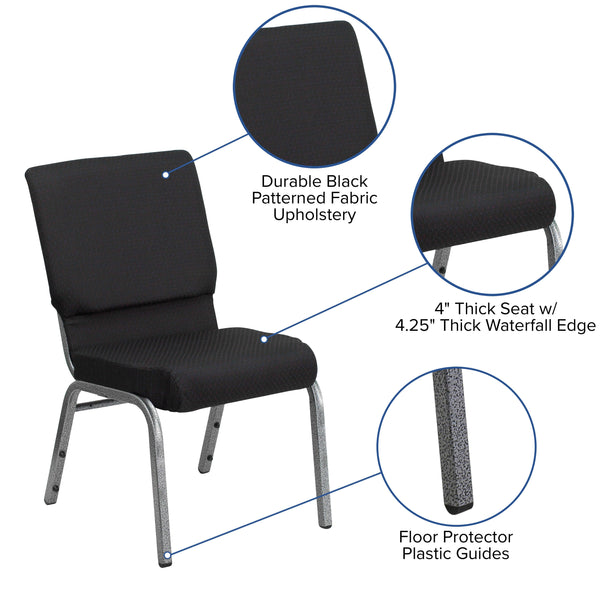 Black Patterned Fabric/Silver Vein Frame |#| 18.5inchW Stacking Church Chair in Black Patterned Fabric - Silver Vein Frame