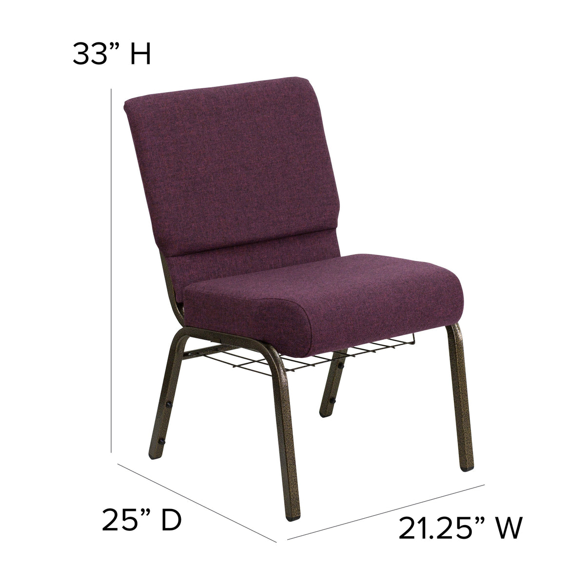 Plum Fabric/Gold Vein Frame |#| 21inchW Church Chair in Plum Fabric with Cup Book Rack - Gold Vein Frame
