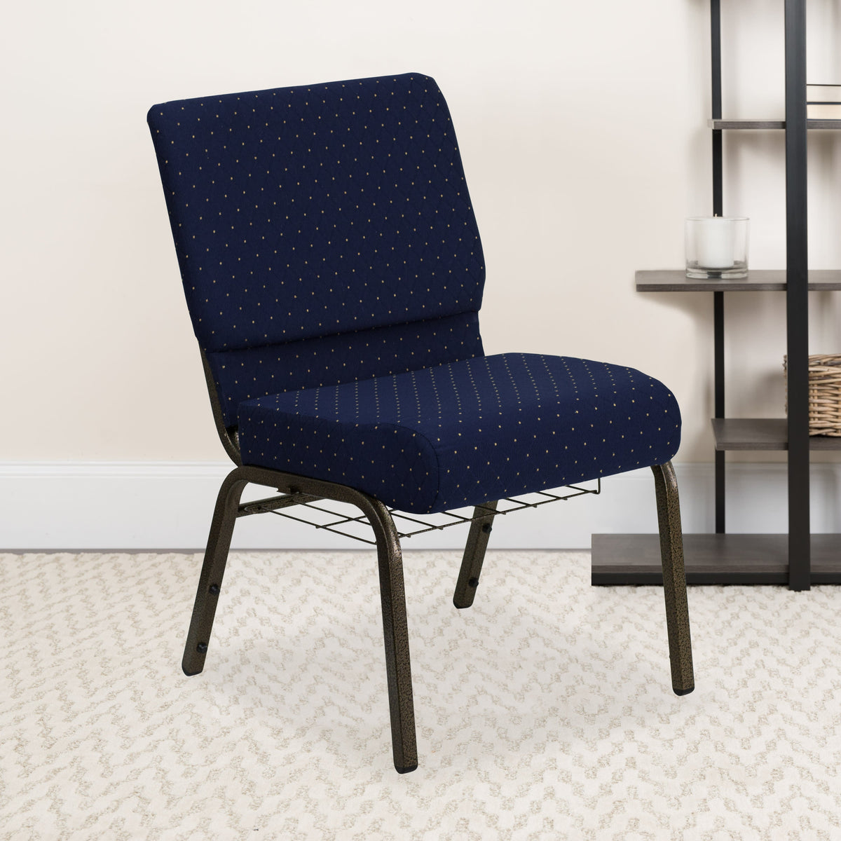 Navy Blue Dot Patterned Fabric/Gold Vein Frame |#| 21inchW Church Chair in Navy Blue Dot Patterned Fabric with Book Rack-Gold Frame