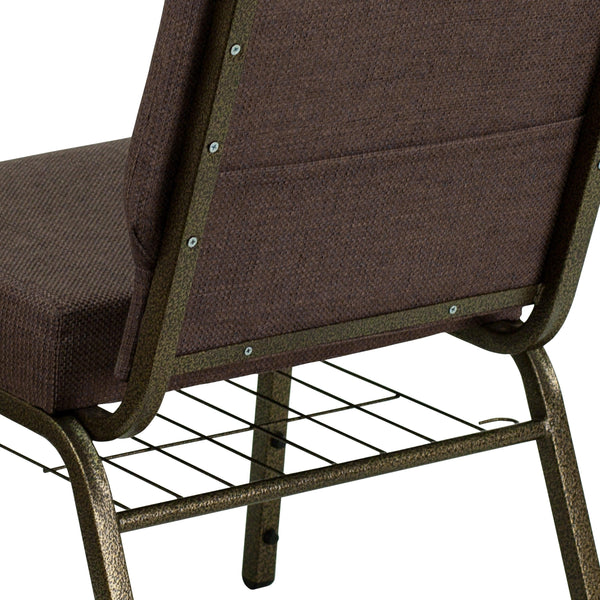 Brown Fabric/Gold Vein Frame |#| 21inchW Church Chair in Brown Fabric with Cup Book Rack - Gold Vein Frame