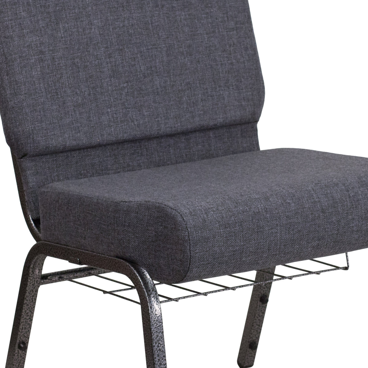 Dark Gray Fabric/Silver Vein Frame |#| 21inchW Church Chair in Dark Gray Fabric with Book Rack - Silver Vein Frame