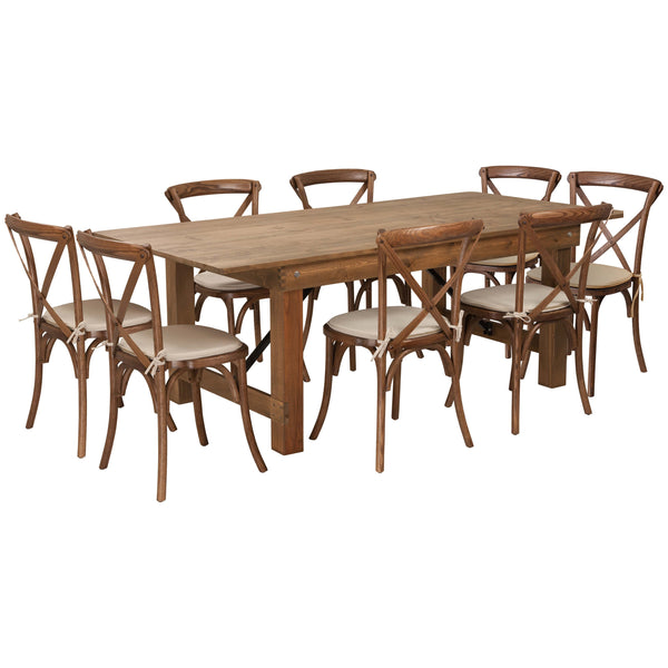 7' x 40inch Rustic Folding Farm Table Set with 8 Cross Back Chairs and Cushions