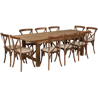 HERCULES Series 8' x 40'' Folding Farm Table Set with 10 Cross Back Chairs and Cushions