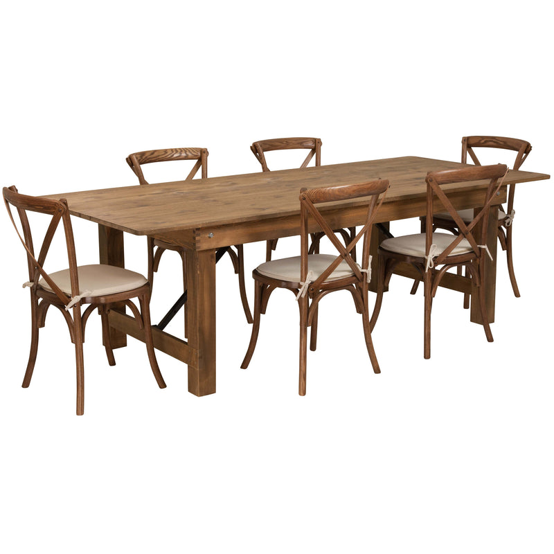 8' x 40inch Rustic Folding Farm Table Set with 6 Cross Back Chairs and Cushions