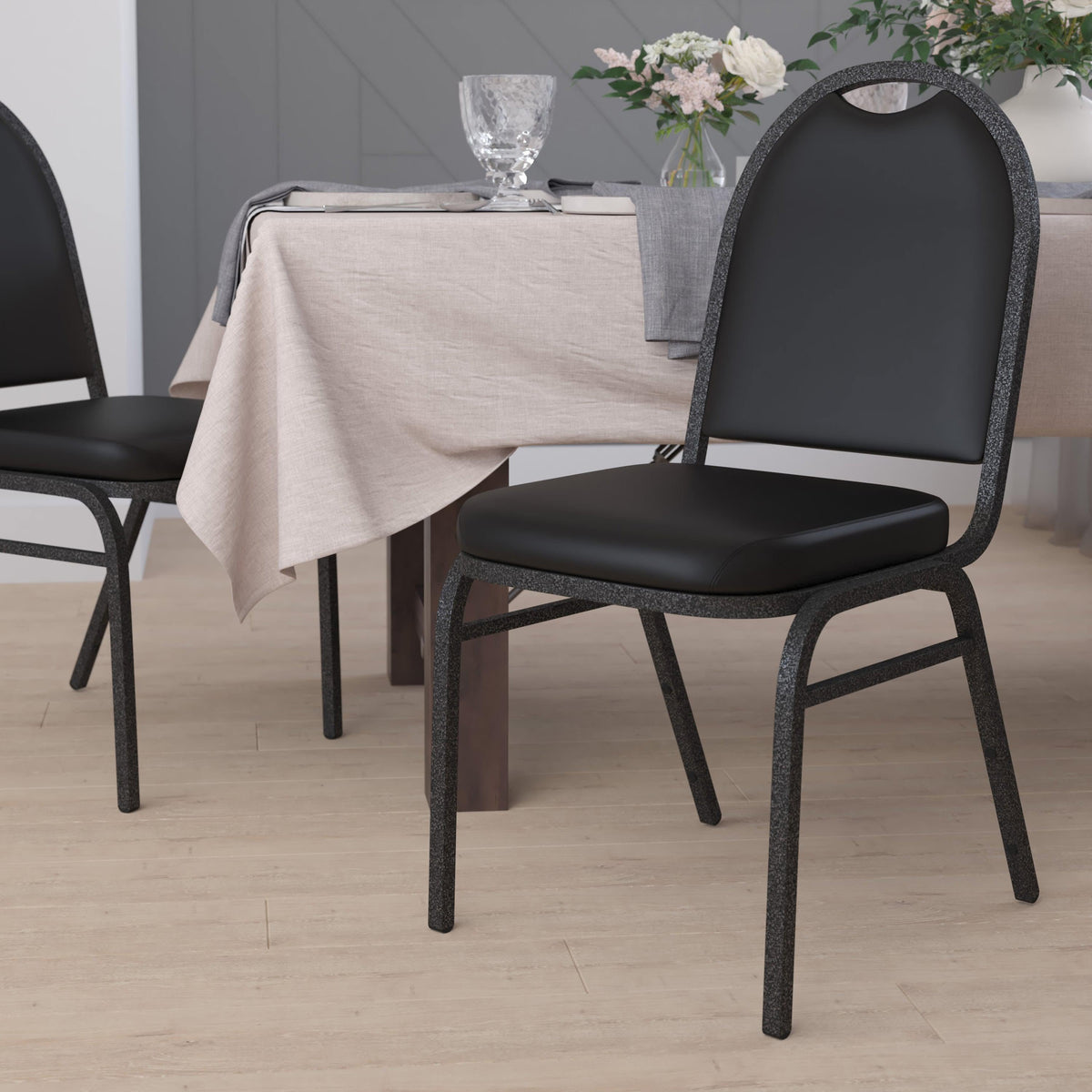 Black Vinyl/Silver Vein Frame |#| Commercial Dome Back Stacking Banquet Chair - Black Vinyl/Silver Vein Frame