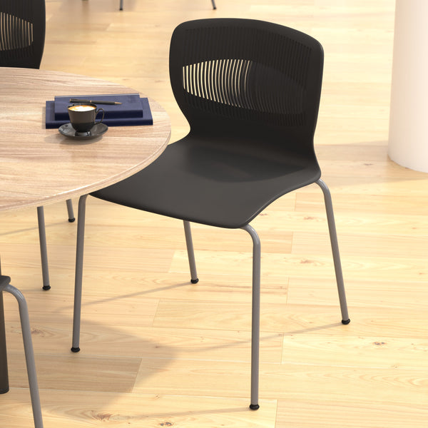 Black |#| Commercial Grade 770 LB. Capacity Plastic Stack Chair with Lumbar Support-Black