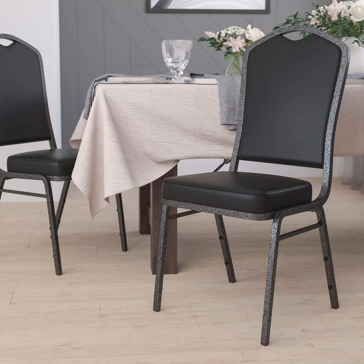 Black Fabric/Silver Frame |#| Crown Back Stacking Banquet Chair in Black Fabric - Silver Frame