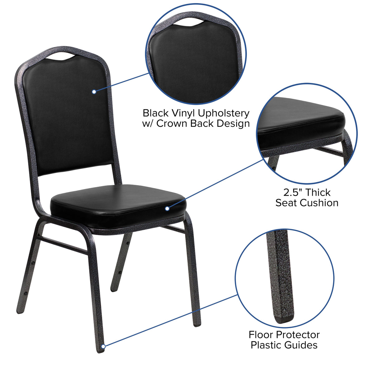 Black Vinyl/Silver Vein Frame |#| Crown Back Stacking Banquet Chair in Black Vinyl - Silver Vein Frame