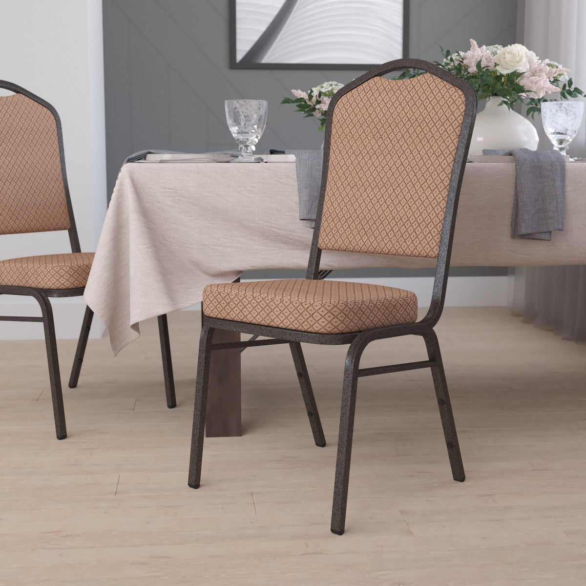 Black Patterned Fabric/Gold Vein Frame |#| Crown Back Stacking Banquet Chair in Black Patterned Fabric - Gold Vein Frame