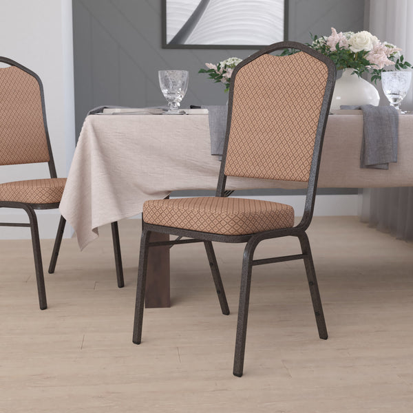 Black Patterned Fabric/Gold Vein Frame |#| Crown Back Stacking Banquet Chair in Black Patterned Fabric - Gold Vein Frame