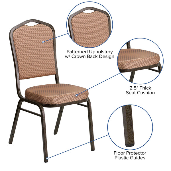 Black Patterned Fabric/Gold Vein Frame |#| Crown Back Stacking Banquet Chair in Black Patterned Fabric - Gold Vein Frame