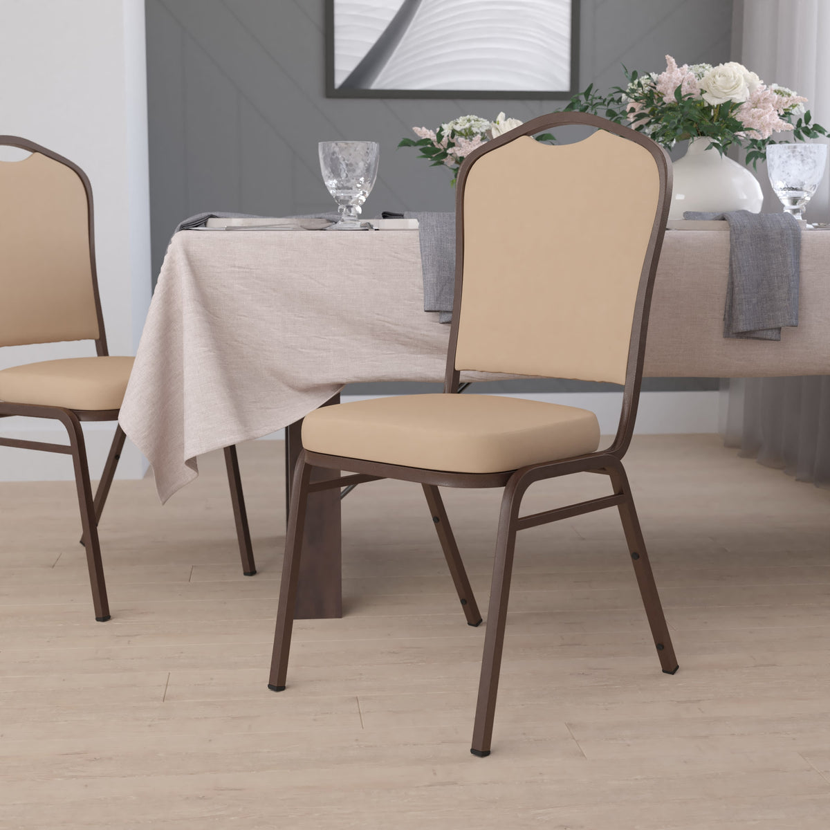 Tan Vinyl/Copper Vein Frame |#| Crown Back Stacking Banquet Chair in Tan Vinyl - Copper Vein Frame