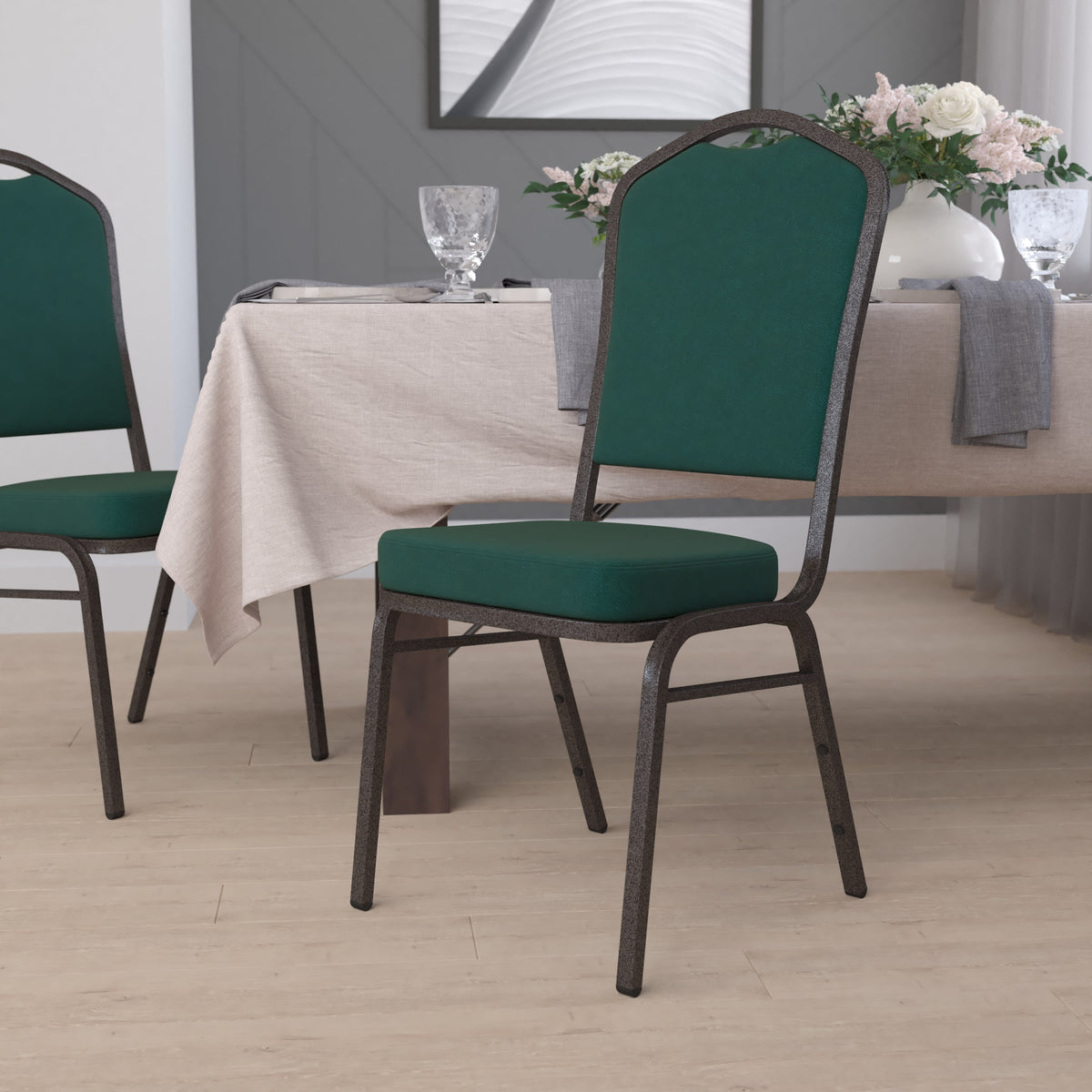 Coffee Fabric/Gold Vein Frame |#| Crown Back Stacking Banquet Chair in Coffee Fabric - Gold Vein Frame