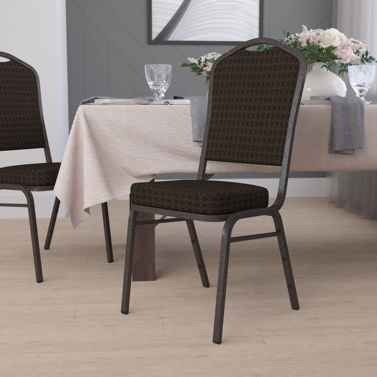 Navy Blue Patterned Fabric/Gold Frame |#| Crown Back Stacking Banquet Chair in Navy Blue Patterned Fabric - Gold Frame