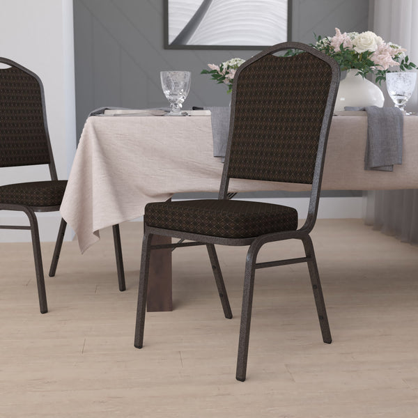 Navy Blue Patterned Fabric/Gold Frame |#| Crown Back Stacking Banquet Chair in Navy Blue Patterned Fabric - Gold Frame