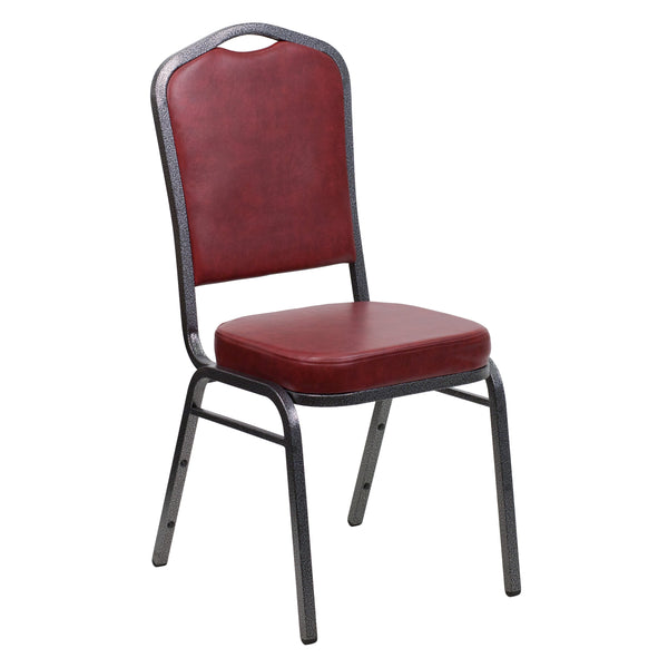 Burgundy Vinyl/Silver Vein Frame |#| Crown Back Stacking Banquet Chair in Burgundy Vinyl - Silver Vein Frame