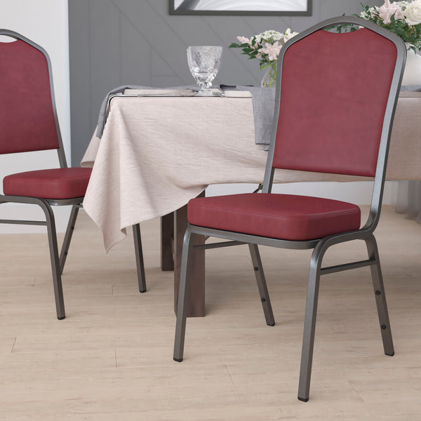 Burgundy Vinyl/Silver Vein Frame |#| Crown Back Stacking Banquet Chair in Burgundy Vinyl - Silver Vein Frame