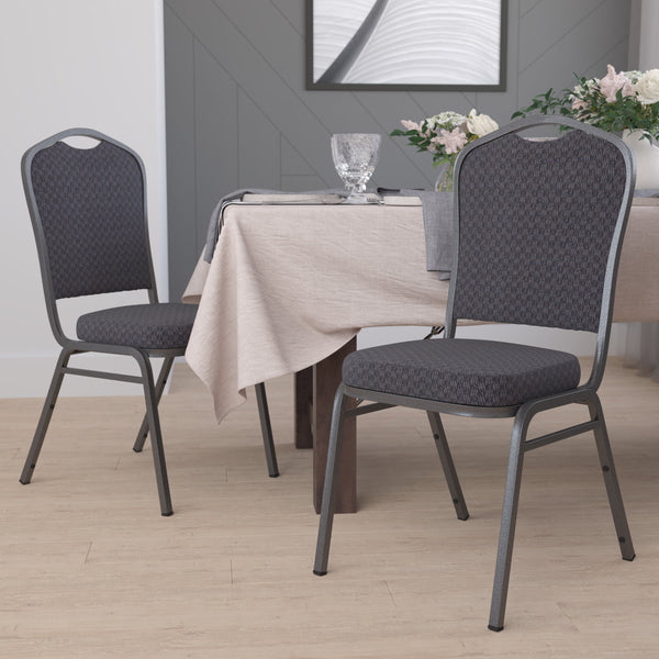 Black Patterned Fabric/Silver Vein Frame |#| Crown Back Stacking Banquet Chair in Black Patterned Fabric - Silver Vein Frame