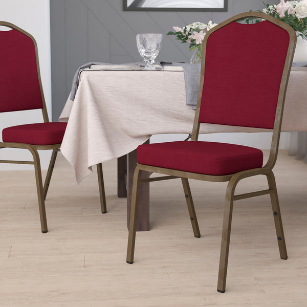 Burgundy Fabric/Gold Vein Frame |#| Crown Back Stacking Banquet Chair in Burgundy Fabric - Gold Vein Frame