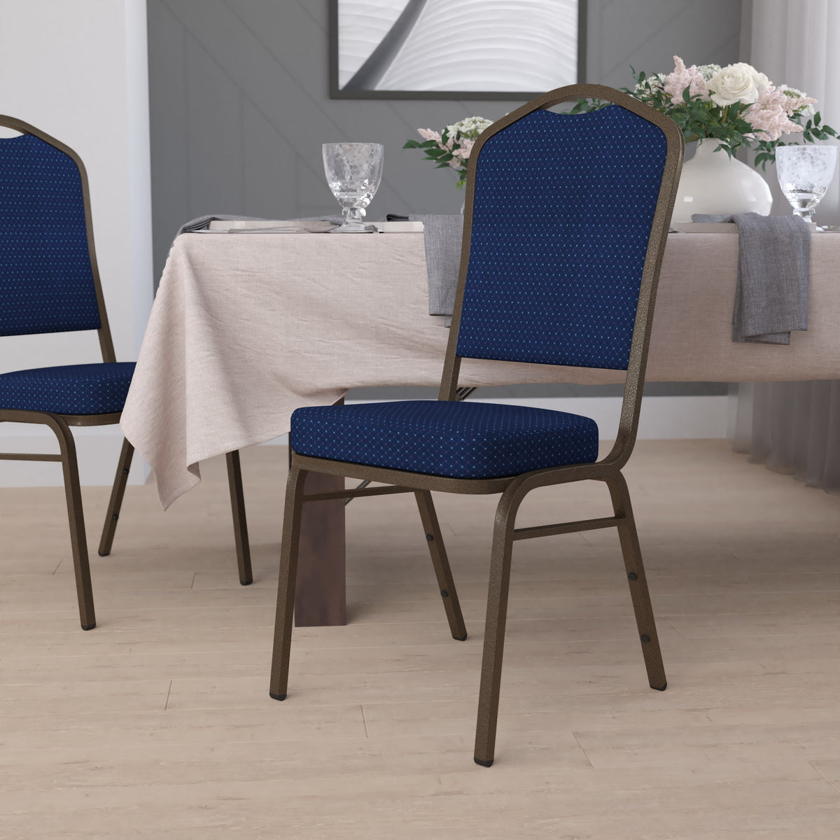 Navy Blue Patterned Fabric/Gold Vein Frame |#| Crown Back Stacking Banquet Chair in Navy Blue Patterned Fabric-Gold Vein Frame