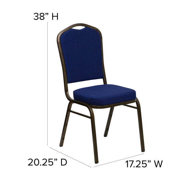 Navy Blue Patterned Fabric/Gold Frame |#| Crown Back Stacking Banquet Chair in Navy Blue Patterned Fabric - Gold Frame