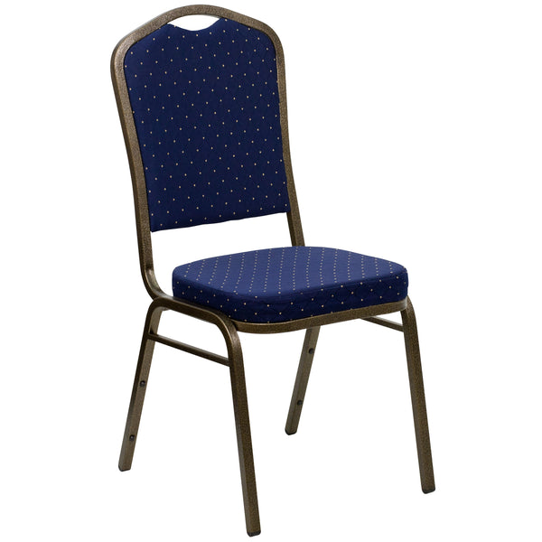 Navy Blue Dot Patterned Fabric/Gold Vein Frame |#| Crown Back Banquet Stack Chair in Navy Blue Dot Patterned Fabric-Gold Vein Frame