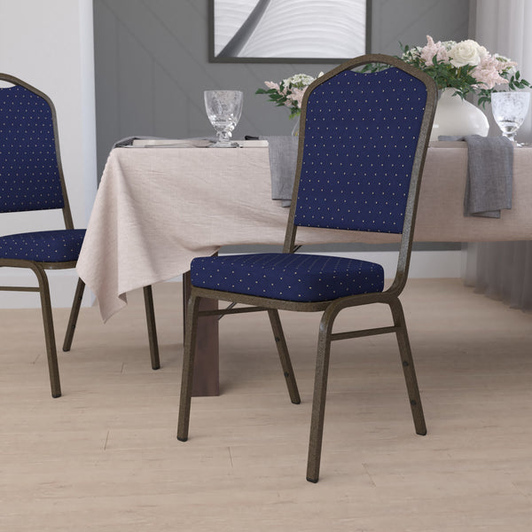 Green Patterned Fabric/Gold Vein Frame |#| Crown Back Stacking Banquet Chair in Green Patterned Fabric - Gold Vein Frame