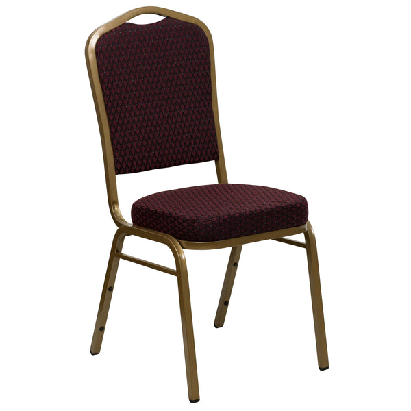 Burgundy Patterned Fabric/Gold Frame |#| Crown Back Stacking Banquet Chair in Burgundy Patterned Fabric - Gold Frame