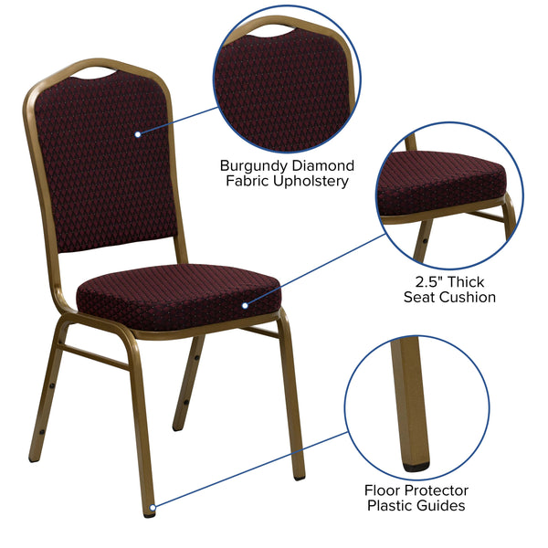 Burgundy Fabric/Gold Vein Frame |#| Crown Back Stacking Banquet Chair in Burgundy Fabric - Gold Vein Frame