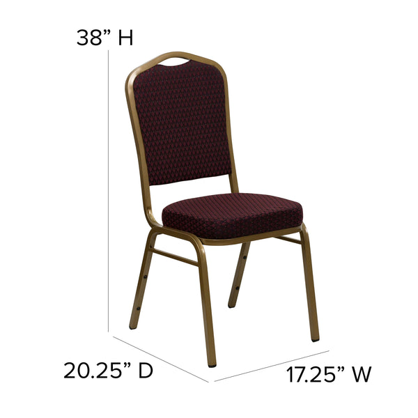 Burgundy Fabric/Gold Vein Frame |#| Crown Back Stacking Banquet Chair in Burgundy Fabric - Gold Vein Frame