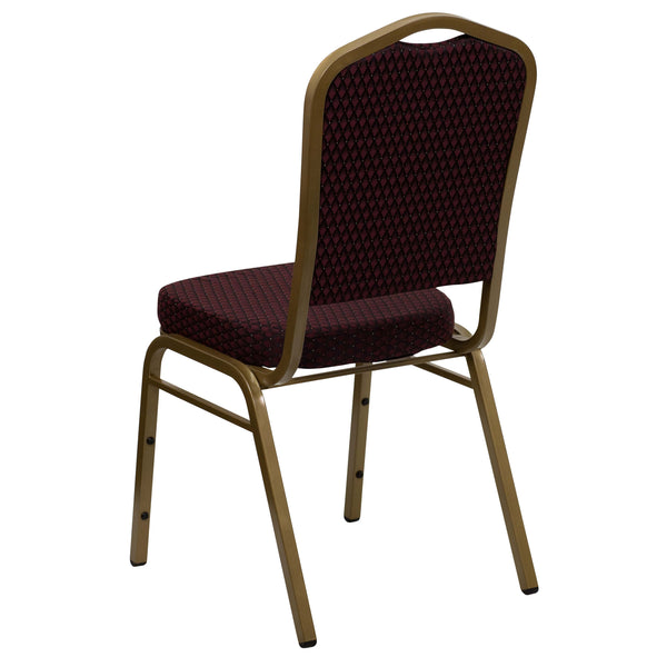 Burgundy Fabric/Gold Frame |#| Crown Back Stacking Banquet Chair in Burgundy Fabric - Gold Frame