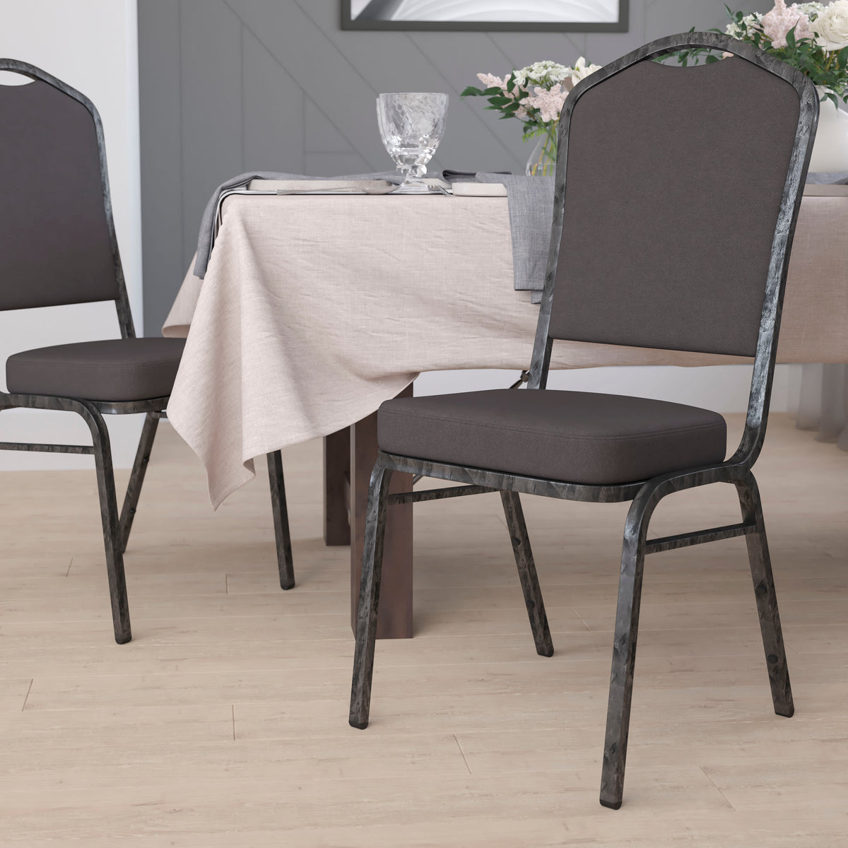 Beige Patterned Fabric/Gold Frame |#| Crown Back Stacking Banquet Chair in Beige Patterned Fabric - Gold Frame