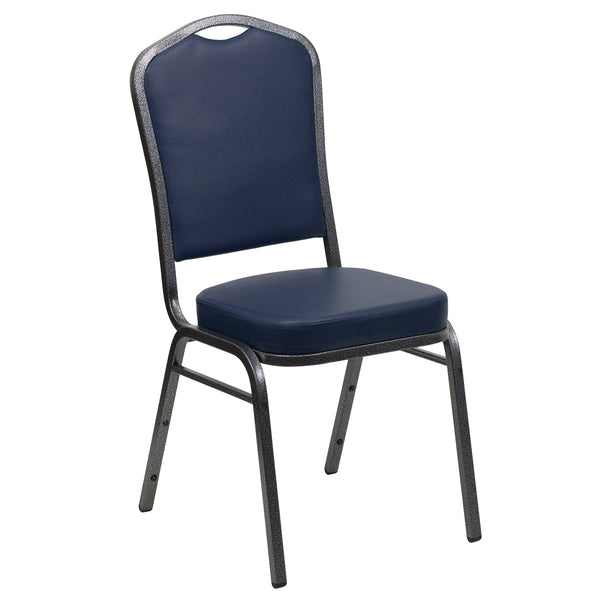 Navy Vinyl/Silver Vein Frame |#| Crown Back Stacking Banquet Chair in Navy Vinyl - Silver Vein Frame