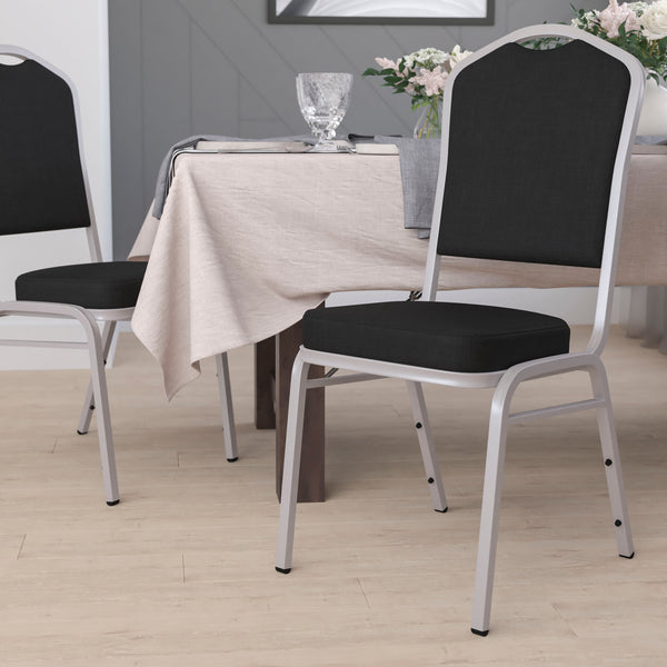 Black Spandex Chair Covers plus Silver Chair Sash with Crown