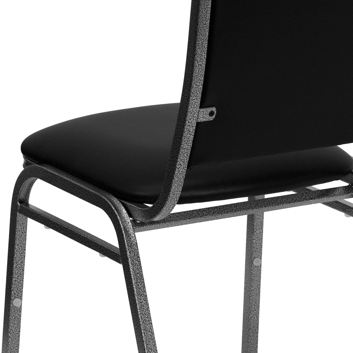 Angled Back Stacking Banquet Chair in Black Vinyl with Silver Vein Frame