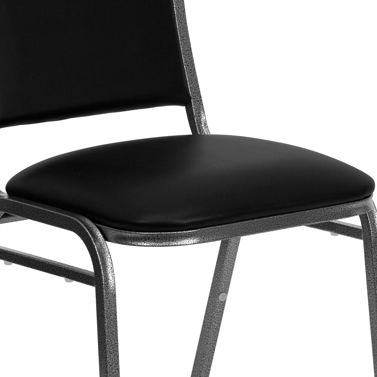 Angled Back Stacking Banquet Chair in Black Vinyl with Silver Vein Frame