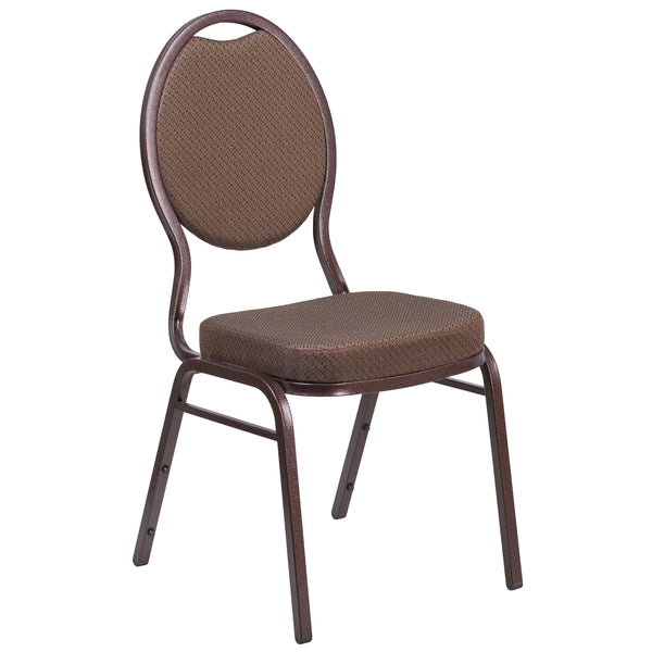 Brown Patterned Fabric/Copper Vein Frame |#| Teardrop Back Brown Patterned Fabric Stacking Banquet Chair - Copper Vein Frame