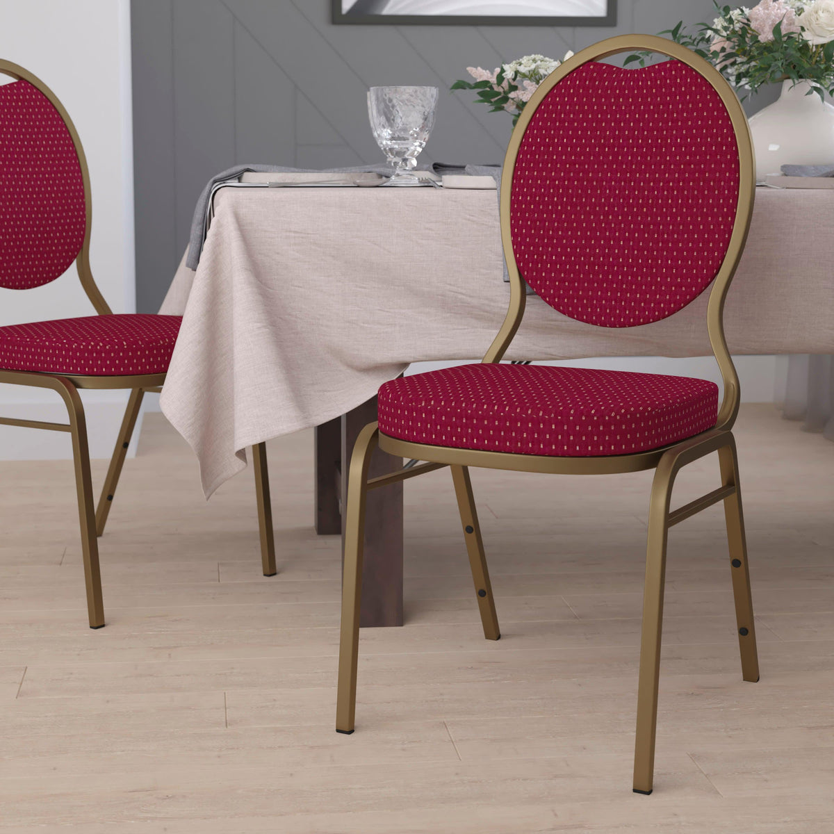 Burgundy Patterned Fabric/Gold Frame |#| Teardrop Back Stacking Banquet Chair in Burgundy Patterned Fabric - Gold Frame