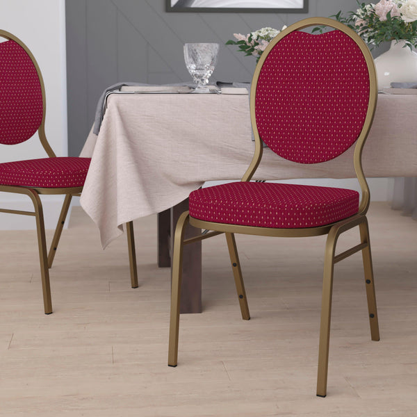 Burgundy Patterned Fabric/Gold Frame |#| Teardrop Back Stacking Banquet Chair in Burgundy Patterned Fabric - Gold Frame